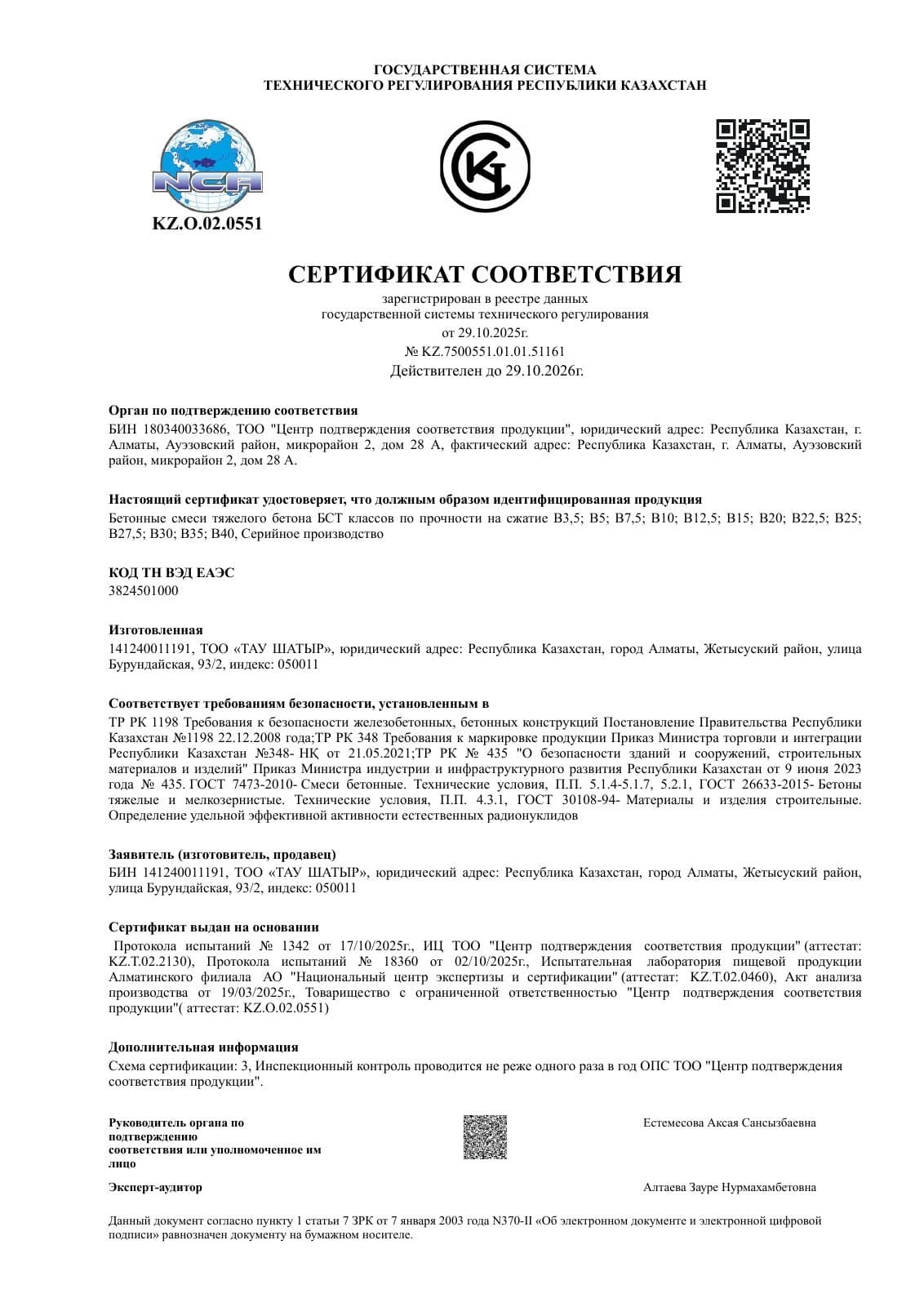 Сертификат соответствия — бетонные смеси БСТ, классы В3,5–В40. Действует до 29.10.2026